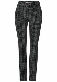 Svartmönstrade byxor med slim fit, med en mjuk textur, knappstängning och två framfickor. Geometrisk designdetalj genom hela plagget.