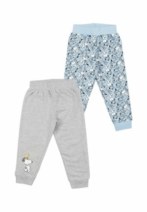 Two pairs of toddler pants, one gray with Snoopy and Woodstock near cuff, one light blue with all-over Snoopy pattern and light blue cuffs.
