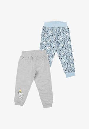 Due paia di pantaloni per bambini piccoli, uno grigio con Snoopy e Woodstock vicino al polsino, uno azzurro chiaro con motivo Snoopy su tutta la superficie e polsini azzurri chiari.