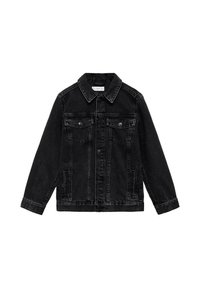 Musta farkkutakki, jossa on kauluksellinen pääntie, napitus, kaksi rintataskua ja sivutaskut. Sileä pinta ja näkyvät saumat.