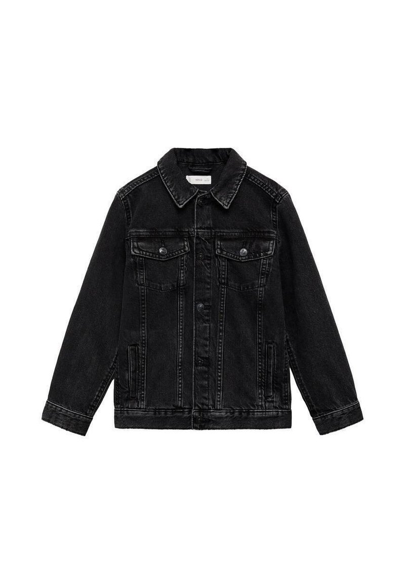 Musta farkkutakki, jossa on kauluksellinen pääntie, napitus, kaksi rintataskua ja sivutaskut. Sileä pinta ja näkyvät saumat.