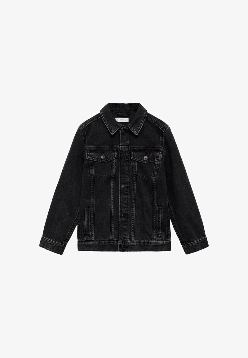 Musta farkkutakki, jossa on kauluksellinen pääntie, napitus, kaksi rintataskua ja sivutaskut. Sileä pinta ja näkyvät saumat.