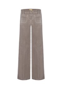 Lichtbruine jeans met wijde pijpen van gestructureerde stof, voorzien van een knoopsluiting aan de voorkant, vijf zakken en zichtbare stiknaden.