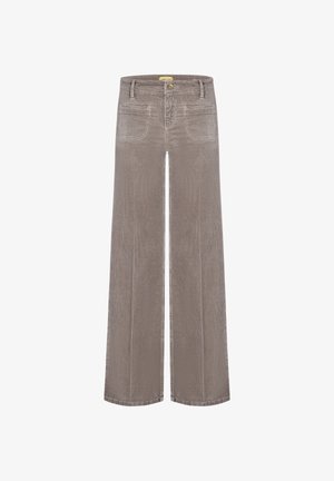 Light brown wide-leg jeans made of textured fabric, featuring a front button closure, five pockets, and visible stitching details.
