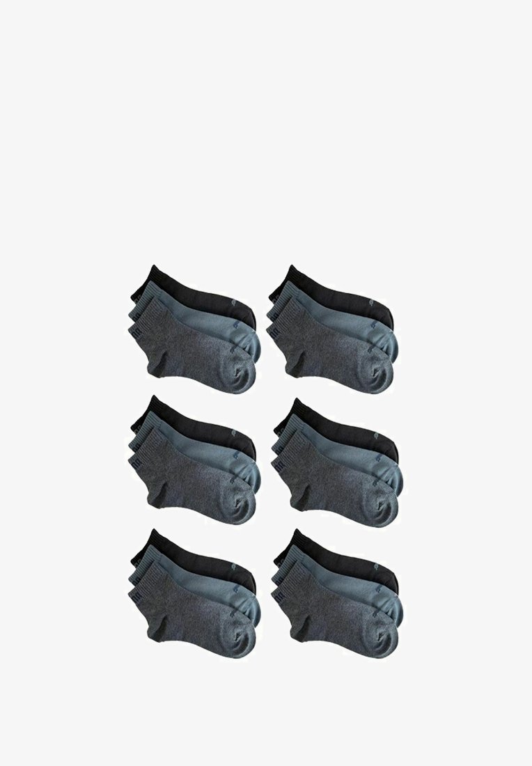 Set aus sechs Paar Socken: drei schwarze und drei graue Töne. Glatte Textur mit gerippten Bündchen, geeignet für Freizeitmode.