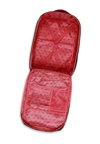 El interior de la bolsa de viaje roja presenta un forro suave con un patrón de estrellas, múltiples bolsillos, correas para asegurar los objetos y un compartimento de malla con cierre.