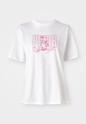 White cotton T-shirt featuring a pink graphic with "PUMA" and a cartoon character, round neck, short sleeves, and relaxed fit.