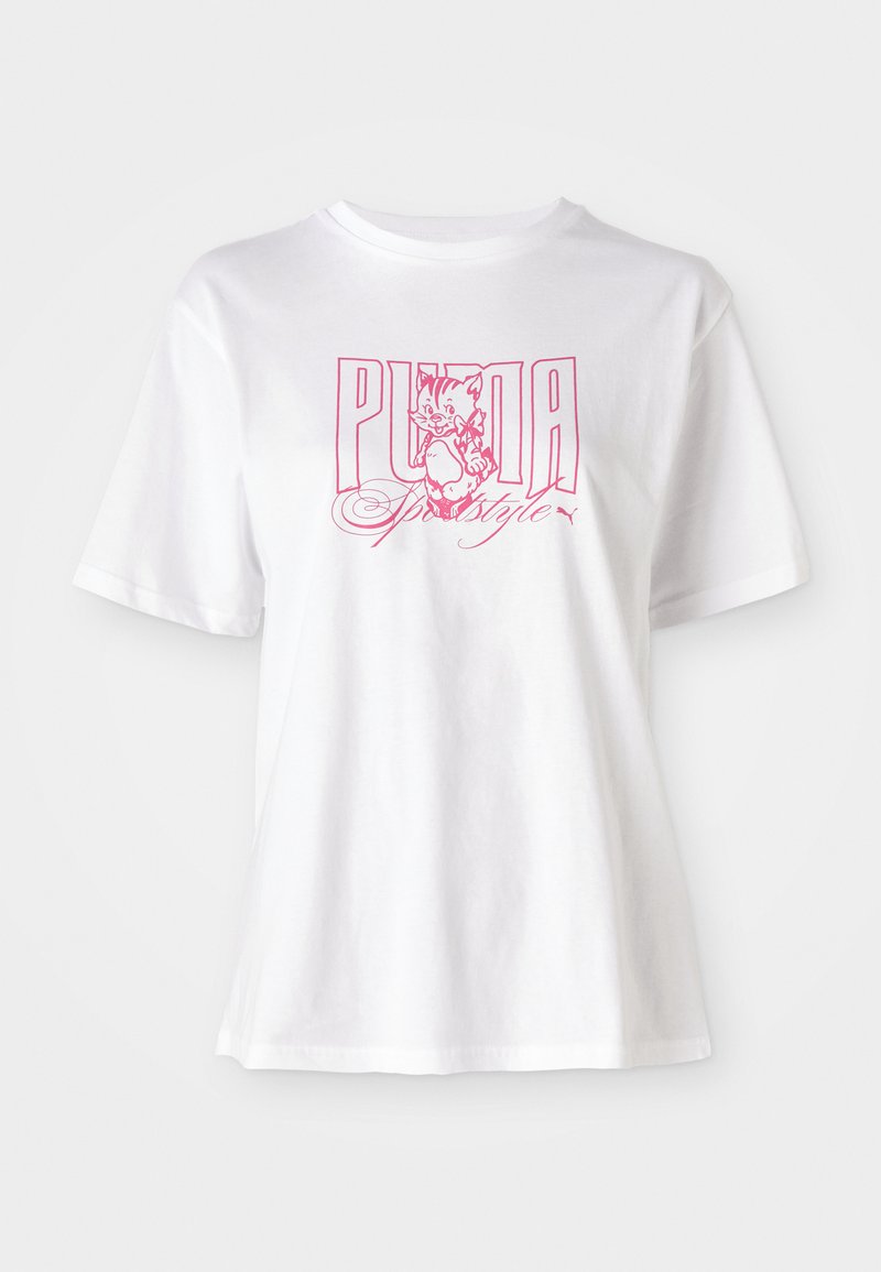 Camiseta de algodón blanca con un gráfico rosa que presenta "PUMA" y un personaje de dibujos animados, cuello redondo, mangas cortas y corte relajado.