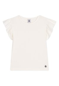 Witte t-shirt met korte mouwen, met ruches aan de mouwen, ronde halslijn en een klein logo-accent op de onderste zoom. Gemaakt van zacht katoen.