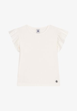 Witte t-shirt met korte mouwen, met ruches aan de mouwen, ronde halslijn en een klein logo-accent op de onderste zoom. Gemaakt van zacht katoen.