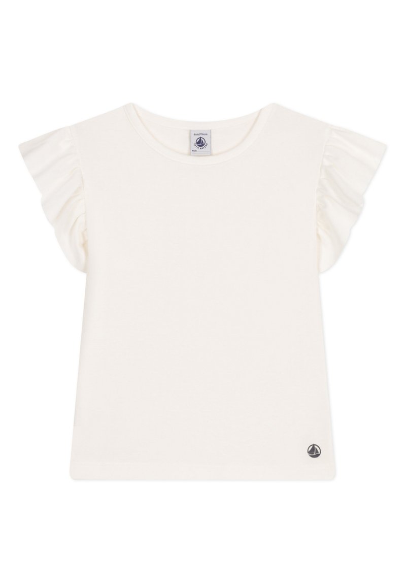 Witte t-shirt met korte mouwen, met ruches aan de mouwen, ronde halslijn en een klein logo-accent op de onderste zoom. Gemaakt van zacht katoen.