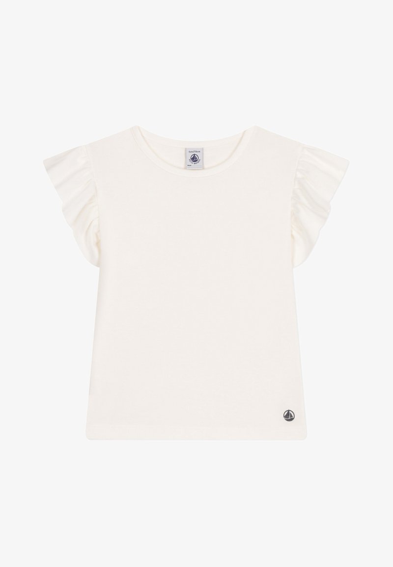 Witte t-shirt met korte mouwen, met ruches aan de mouwen, ronde halslijn en een klein logo-accent op de onderste zoom. Gemaakt van zacht katoen.