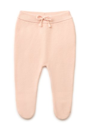 Weiche, rosa gestrickte Babyhose mit integrierten Füßen und einem gerippten Bund, der vorne mit einer kleinen Schleife gebunden ist.