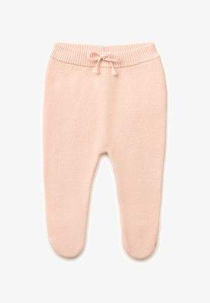 Pantalones de bebé de punto en rosa suave con pies incorporados y una cintura acanalada atada con un pequeño lazo en la parte delantera.