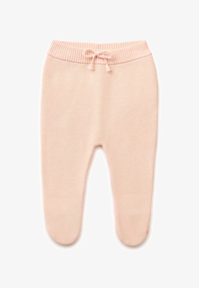 Měkké růžové pletené dětské kalhoty se zabudovanými chodidly a žebrovaným pasem zavázaným malou mašlí vpředu.