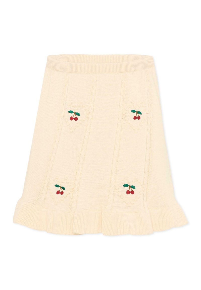 Crèmekleurige gebreide rok met gerimpelde zoom en geborduurde rode kersenpatronen in verticale panelen.