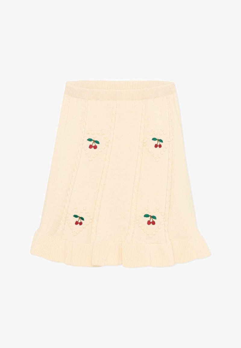 Crèmekleurige gebreide rok met gerimpelde zoom en geborduurde rode kersenpatronen in verticale panelen.