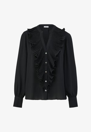 Czarna bluzka z lekkiego materiału, z wyrazistym marszczonym przodem, zapięciem na guziki oraz długimi rękawami z detalami przy mankietach.