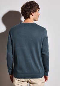 Herrtröja i ljusblått med rund halsringning, ribbade muddar och nederkant; slät yta, figurnära design, har minimal detaljer på baksidan.