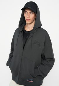 Σκούρο γκρι φούτερ με φερμουάρ και μεγάλο καπέλο, μπροστινές τσέπες και κεντημένο λογότυπο σε τονικές αποχρώσεις. Συνδυάζεται με ένα μαύρο καπέλο. Μαλακή υφή υφάσματος.