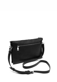 Borsa a tracolla in pelle nera con chiusura a zip, tracolla regolabile e tasca anteriore. Texture liscia, forma rettangolare e design minimalista.