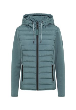 Giacca leggera con cappuccio in teal smorzato, con davanti imbottito, maniche lisce, chiusura con zip e tasche laterali. Presenta hardware in contrasto nero.