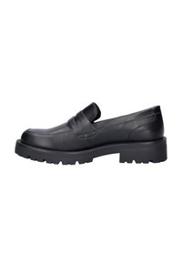 Black leather loafers with a rounded toe, short vamp, and decorative strap. Thick ridged sole for added traction and stability.