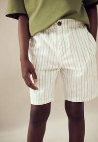 Shorts à rayures blanches en tissu léger, dotés d'une fermeture à bouton et d'une coupe décontractée, assortis à une chemise verte à manches courtes.
