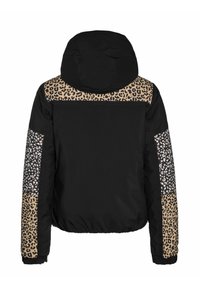 Veste noire à capuche avec des panneaux imprimés léopard sur les épaules et les manches, des poignets élastiques et une vue arrière droite.