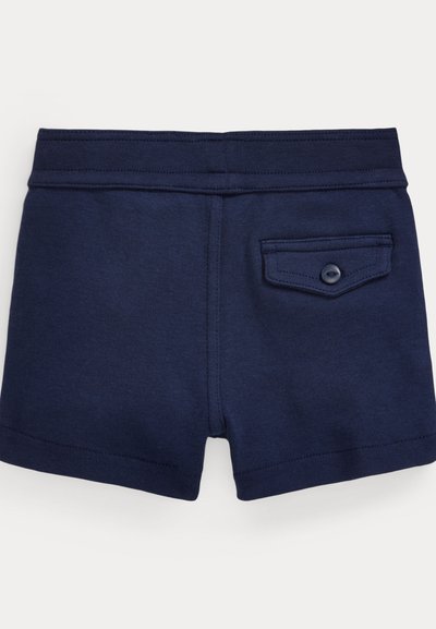 Calções de algodão azul marinho com uma textura suave, apresentando um bolso traseiro com um botão e uma cintura ajustada.