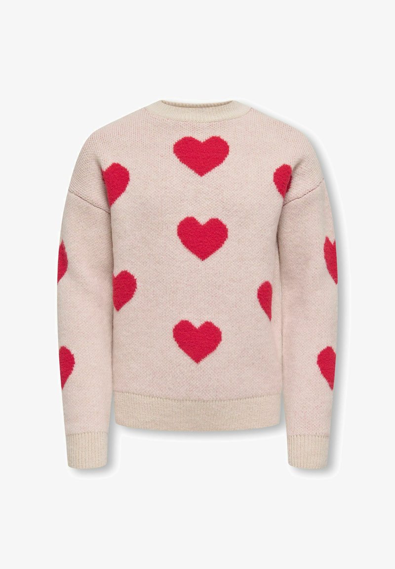 Pull beige en maille avec motifs de cœurs rouges sur le devant, les manches et le dos, avec poignets et ourlet côtelés.