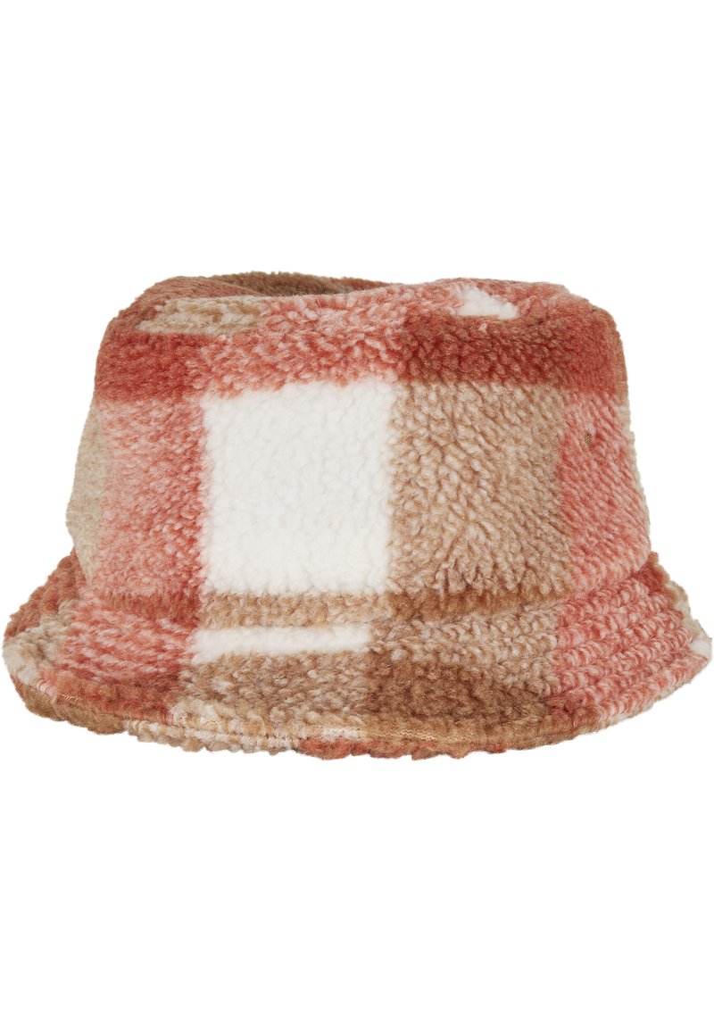 Plush bucket hat in a checkered pattern with shades of pastel pink, beige, and white. Textured fabric with a soft, fuzzy finish.