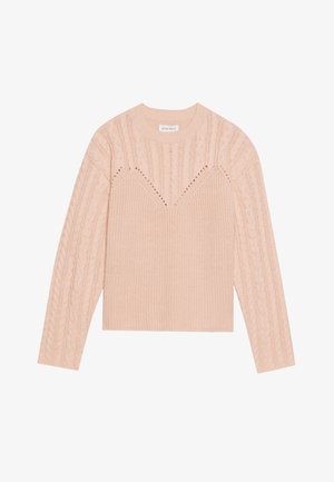 Šviesiai rožinė megzta pūkinė su ilgomis rankovėmis, su kabelių raštu ir tekstūruotu V formos kaklo detalėmis. Trumpesnio ilgio.