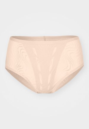 Beige højhalsede trusser med en glat, strækbar struktur og et subtilt bølget mønster. Har en bred elastisk talje.