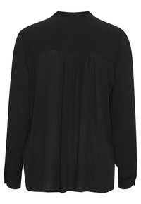 Blusa nera a maniche lunghe con finitura testurizzata, caratterizzata da un design con schiena plissettata e polsini con bottone. Adatta per diverse occasioni.