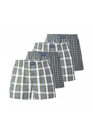 Vier Paar karierte Herrenboxershorts in Grün, Weiß und Marine, überlappend in einer versetzten Reihe angeordnet.