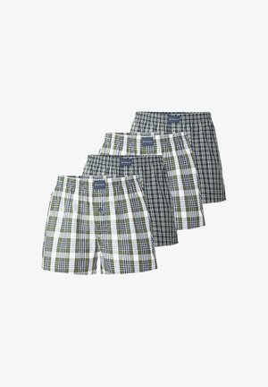 Quattro paia di boxer da uomo a quadri in verde, bianco e blu navy, disposti sovrapposti in una fila sfalsata.