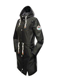 Black waterproof raincoat with a hood, white drawstrings, and front buttons. Features a patterned interior lining and an emblem on the sleeve.