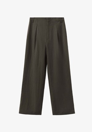 Pantalon large vert olive foncé avec passants de ceinture, plis devant et fermeture dissimulée à l'avant.