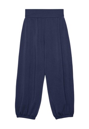 Tamnoplave široke hlače s visokim pojasom i elastičnim rubovima, izrađene od mekanog tkanina.