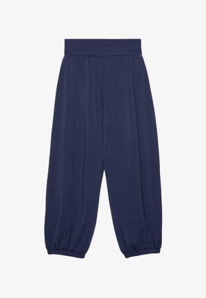 Mørkeblå løstsiddende bukser med høj talje og elastiske manchetter, lavet af blødt stof.