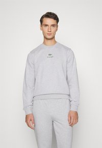 Svetlošedý crewneck sveter s rebrovan�ými manžetami a lemom, s vytišteným zeleným logom "LACOSTE" na hrudi. Mäkkučký materiál z bavlnenej zmesi.