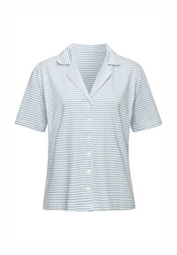 Πουκάμισο με κοντά μανίκια και γιακά, με οριζόντιες ρίγες σε μπλε και άσπρο πάνω σε μαλακό ύφασμα. Πέντε κουμπιά στο μπροστινό μέρος.