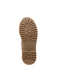 Zool van een bruine laars met diepe profielen, kruisvormige patronen, maat 42 gemarkeerd, en "TRAVELIN'" in reliëf op het hielgebied.