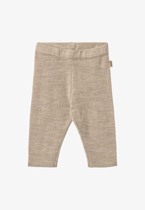 Beige gestrickte Leggings mit einer weichen Textur, ausgestattet mit einem elastischen Bund und einer cropped Länge. Keine sichtbaren Muster oder Hardware.
