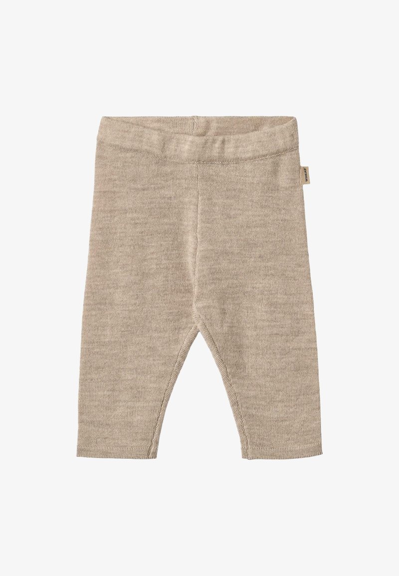 Beige gebreide leggings met een zachte textuur, voorzien van een elastische tailleband en een cropped lengte. Geen zichtbare patronen of hardware.