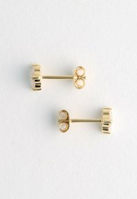 Een paar gouden studearringen met ronde heldere edelstenen, weergegeven van opzij en van achteren op een witte ondergrond.