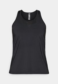 Top deportivo sin mangas negro, hecho de material transpirable, con un sutil acento de malla en forma triangular cerca del escote.