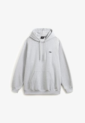 Graue Kapuzenjacke mit einer vorderen Kängurutasche, Kordelzugkapuze und kleinem schwarzen Logo auf der Brust. Aus weichem Baumwollmischgewebe gefertigt.