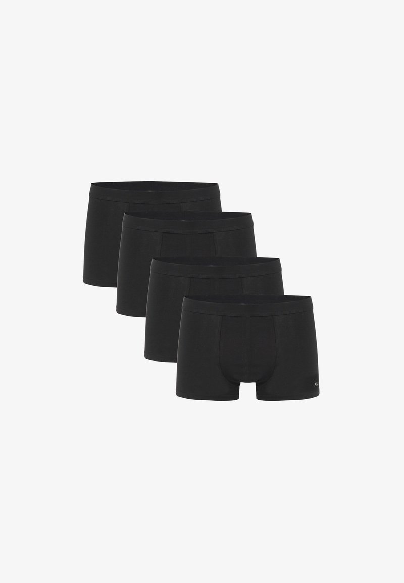Quatre boxers noirs pour hommes avec ceintures élastiques, disposés en rangée décalée sur fond blanc.